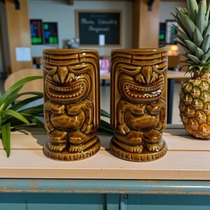Set of 2 Vintage Tiki Leilani MCM Ceramic 5" Mugs USA